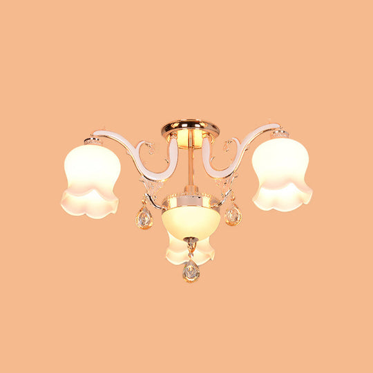 Opal Glass Semi Flush Ceiling Light with Crystal Drop - Traditional Scalloped Design in Gold