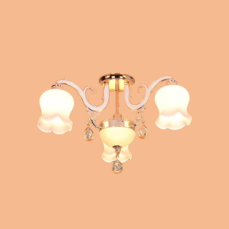 Opal Glass Semi Flush Ceiling Light With Crystal Drop - Traditional Scalloped Design In Gold