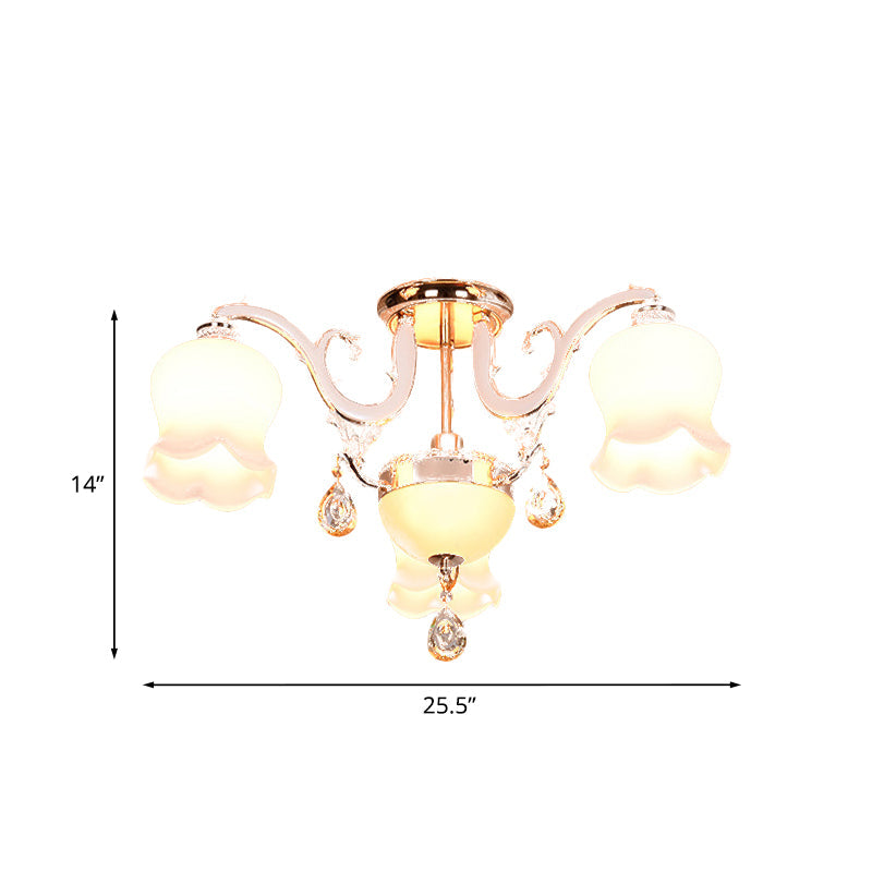 Opal Glass Semi Flush Ceiling Light with Crystal Drop - Traditional Scalloped Design in Gold