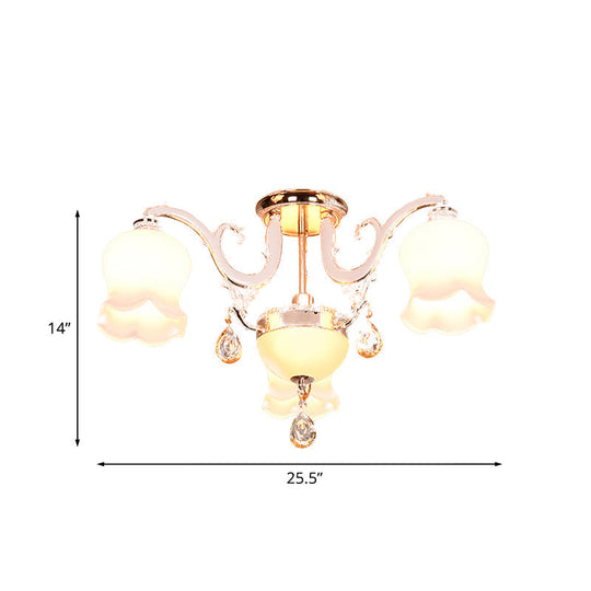 Opal Glass Semi Flush Ceiling Light with Crystal Drop - Traditional Scalloped Design in Gold