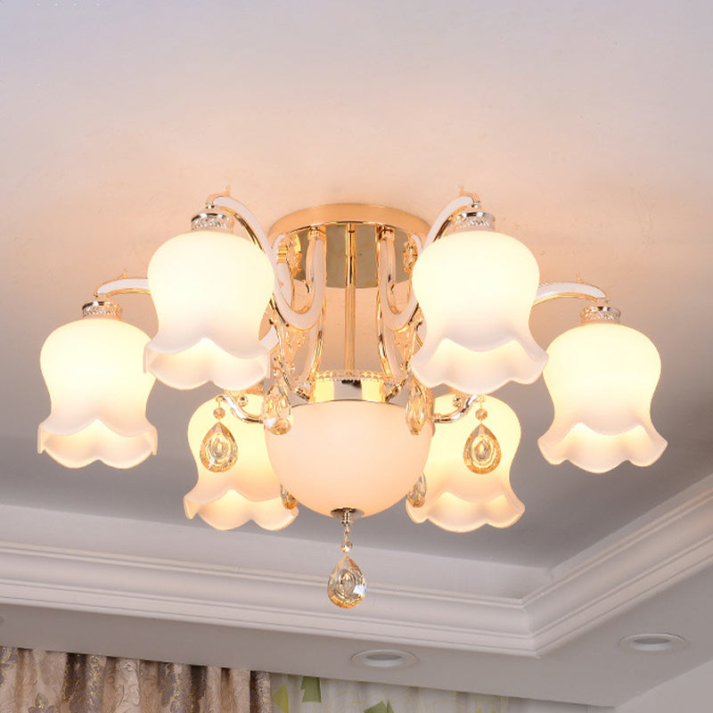 Opal Glass Semi Flush Ceiling Light with Crystal Drop - Traditional Scalloped Design in Gold