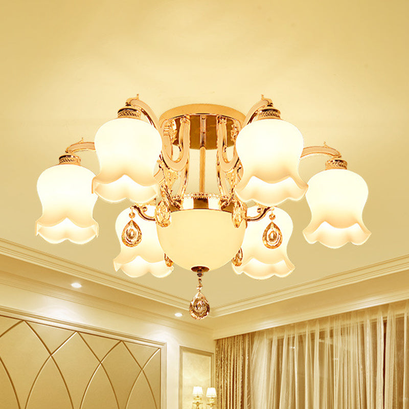 Opal Glass Semi Flush Ceiling Light with Crystal Drop - Traditional Scalloped Design in Gold