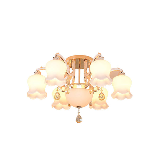 Opal Glass Semi Flush Ceiling Light with Crystal Drop - Traditional Scalloped Design in Gold