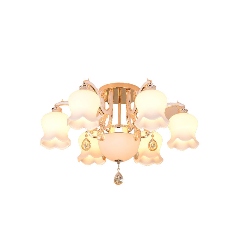 Opal Glass Semi Flush Ceiling Light With Crystal Drop - Traditional Scalloped Design In Gold