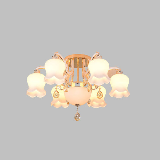 Opal Glass Semi Flush Ceiling Light with Crystal Drop - Traditional Scalloped Design in Gold