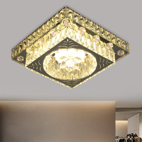 Modernist Cut Crystal LED Nickel Ceiling Lamp with Square Flush Mount for Porch