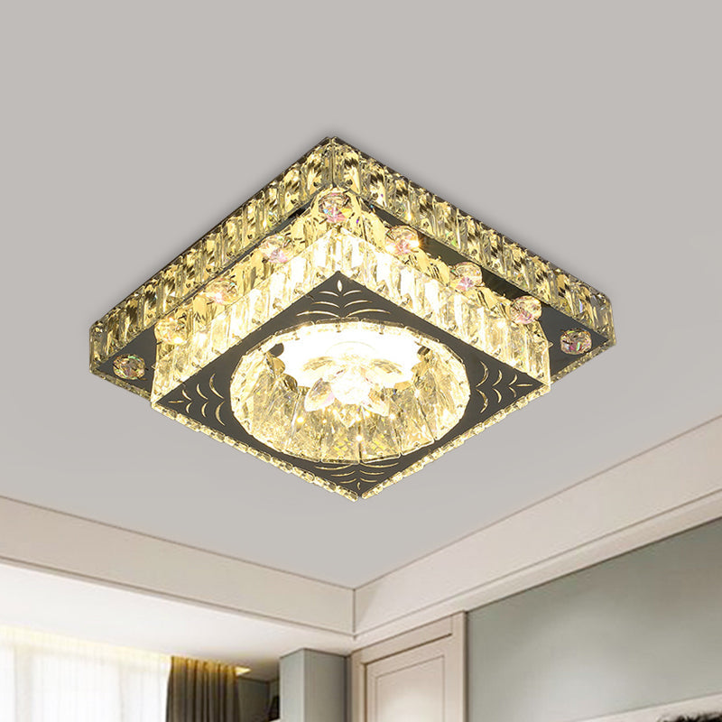 Modernist Cut Crystal LED Nickel Ceiling Lamp with Square Flush Mount for Porch