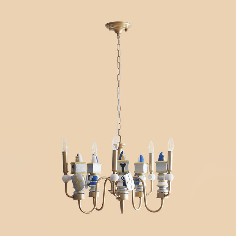 Vintage Metal Curved Arm Pendant Chandelier With 5 Bulbs - Gold Finish Ceiling Suspension Light