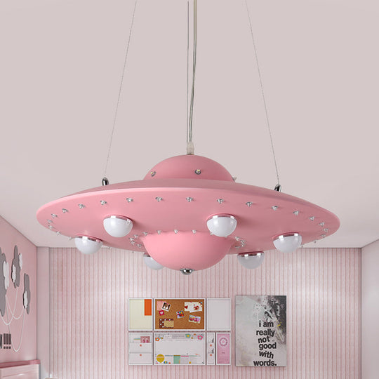 Nordic Flying Saucer Led Chandelier For Childs Bedroom - Metallic Pendant Lamp In Grey/Pink/Blue