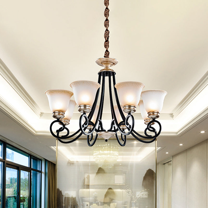 Frosted Glass Chandelier With Black Flared Pendant Light - Classic Design 6/8 Heads Scrolled Arm