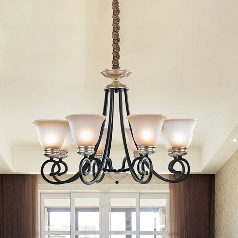 Frosted Glass Chandelier With Black Flared Pendant Light - Classic Design 6/8 Heads Scrolled Arm