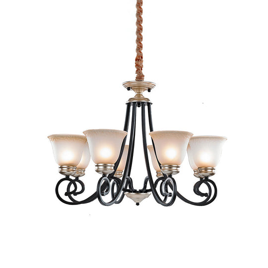 Frosted Glass Chandelier With Black Flared Pendant Light - Classic Design 6/8 Heads Scrolled Arm