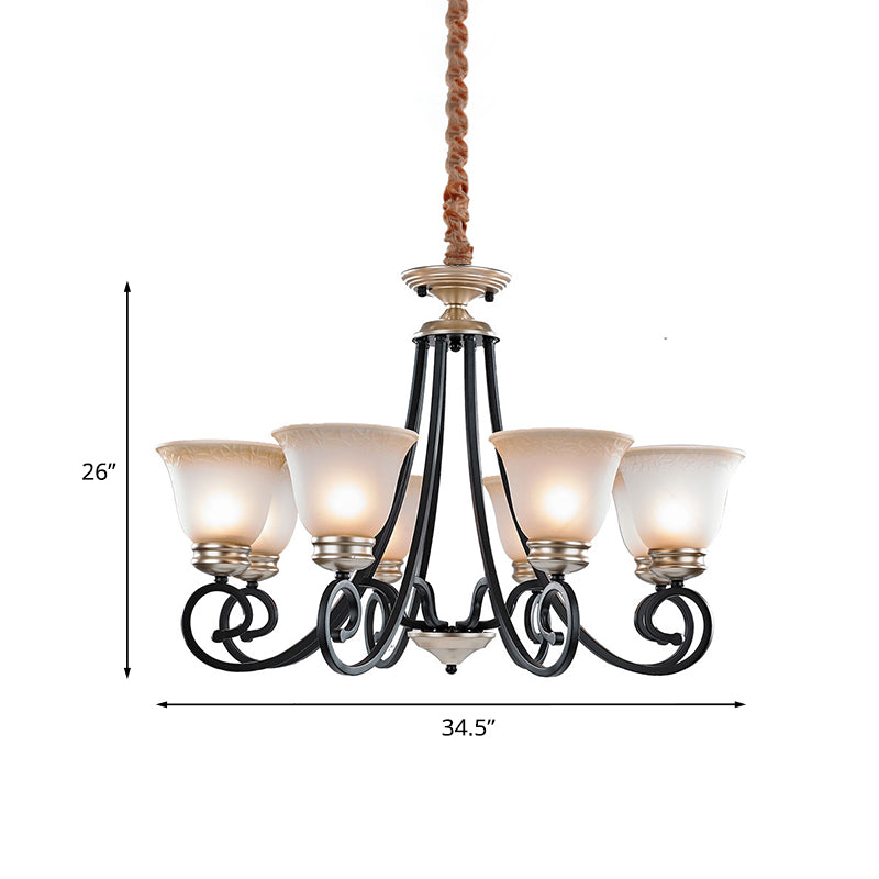 Frosted Glass Chandelier With Black Flared Pendant Light - Classic Design 6/8 Heads Scrolled Arm