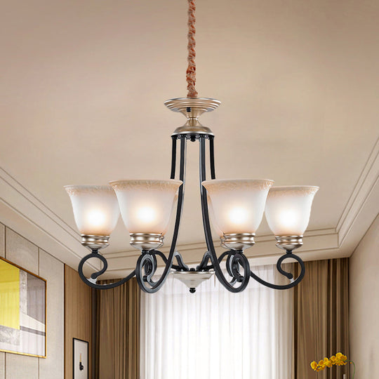 Frosted Glass Chandelier With Black Flared Pendant Light - Classic Design 6/8 Heads Scrolled Arm