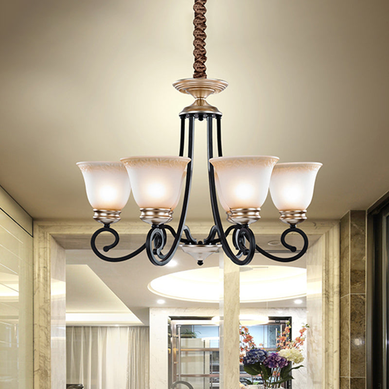 Frosted Glass Chandelier With Black Flared Pendant Light - Classic Design 6/8 Heads Scrolled Arm