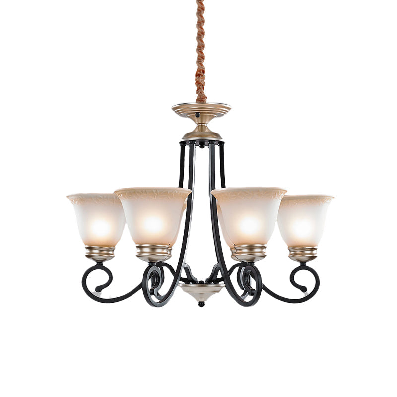 Frosted Glass Chandelier With Black Flared Pendant Light - Classic Design 6/8 Heads Scrolled Arm