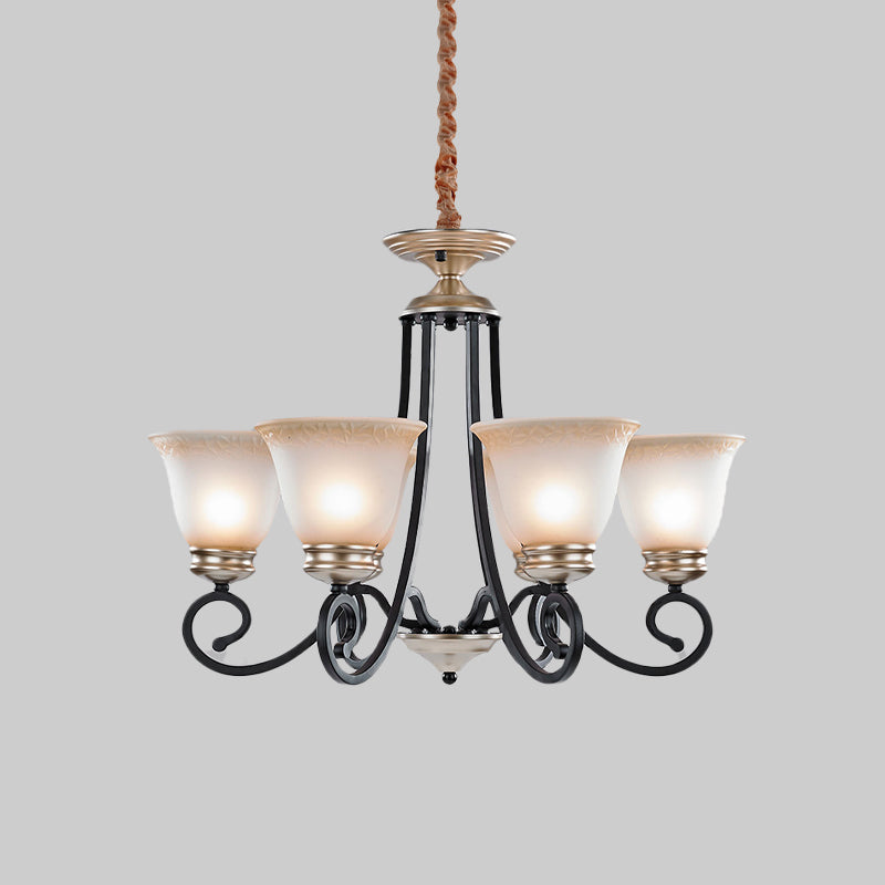 Frosted Glass Chandelier With Black Flared Pendant Light - Classic Design 6/8 Heads Scrolled Arm