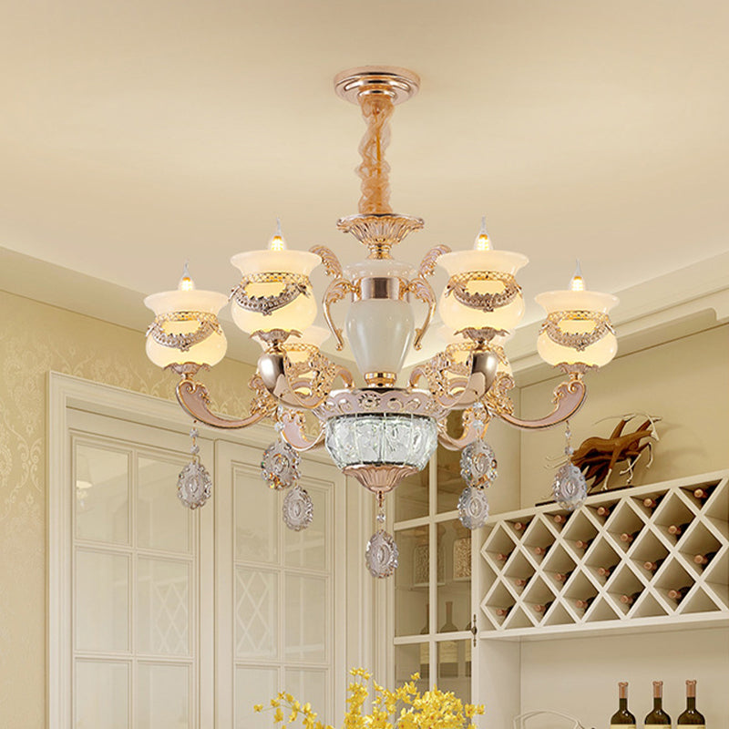 Traditional Jade Gold Chandelier With 6-Light Candle Lighting And Crystal Drop