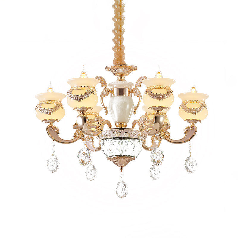 Traditional Jade Gold Chandelier With 6-Light Candle Lighting And Crystal Drop