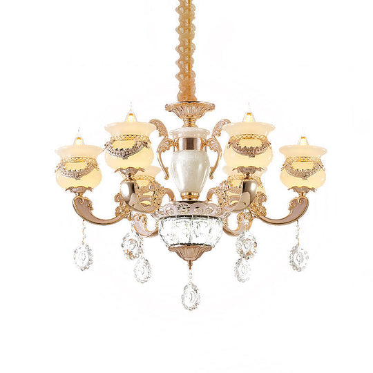 Traditional Jade Gold Chandelier With 6-Light Candle Lighting And Crystal Drop