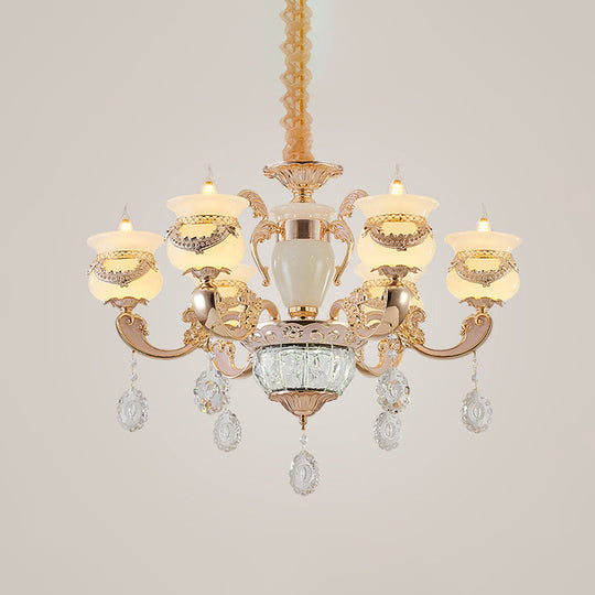 Traditional Jade Gold Chandelier With 6-Light Candle Lighting And Crystal Drop