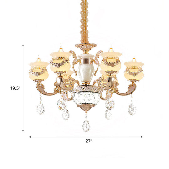 Traditional Jade Gold Chandelier With 6-Light Candle Lighting And Crystal Drop