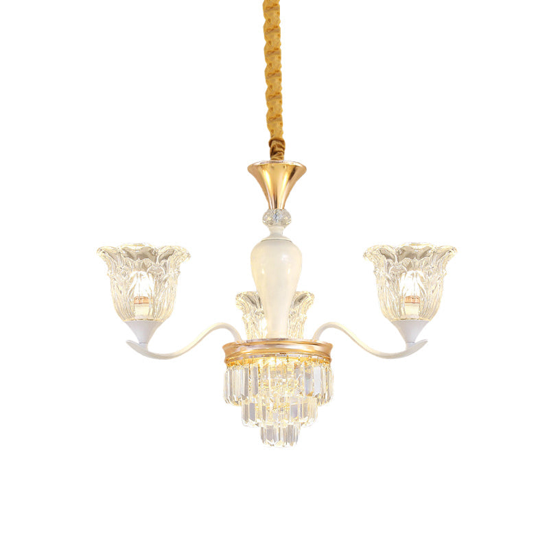 Traditional Clear Crystal Glass Chandelier Lamp - Blossom Bedroom Pendant (3/6-Head) In Gold