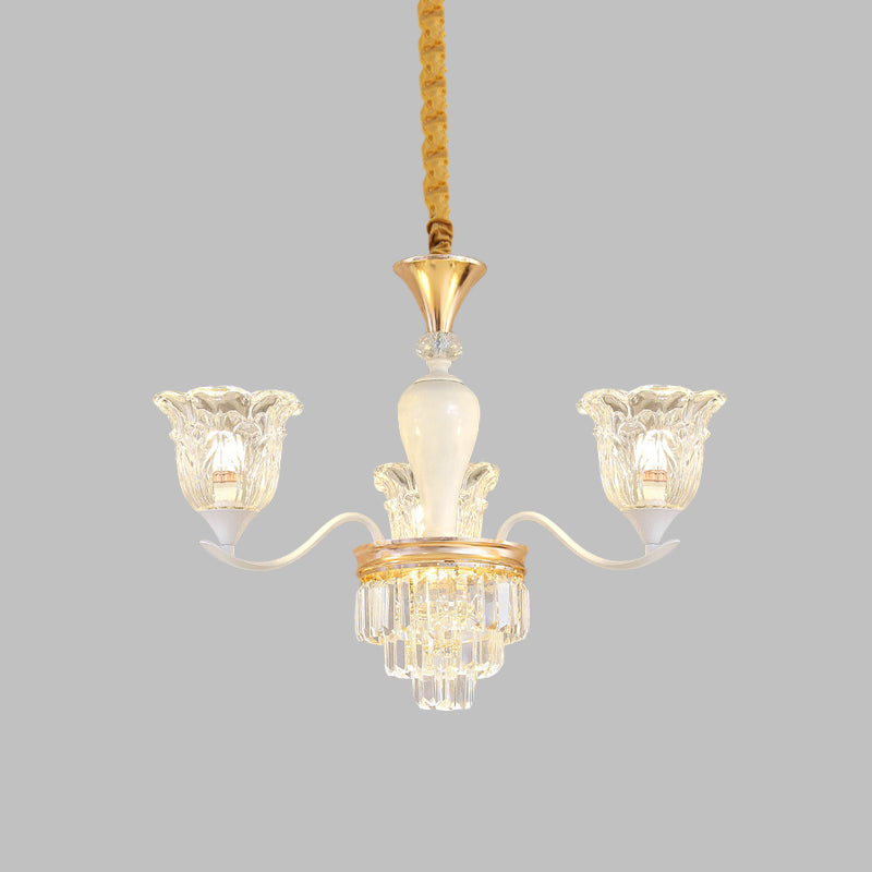 Traditional Clear Crystal Glass Chandelier Lamp - Blossom Bedroom Pendant (3/6-Head) In Gold