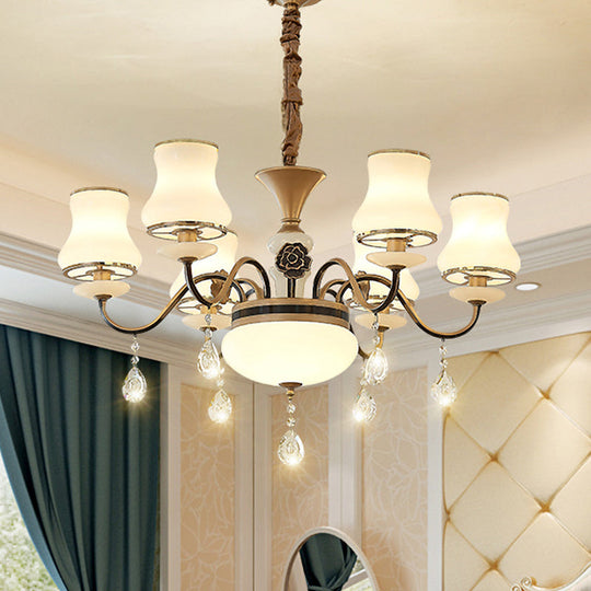 Traditional Cream Glass Brass Chandelier With Crystal Drop - Curved Arm 3/6 Bulbs