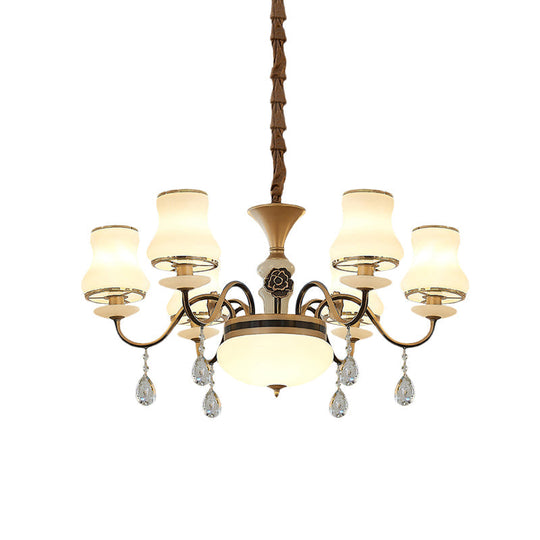 Traditional Cream Glass Brass Chandelier With Crystal Drop - Curved Arm 3/6 Bulbs