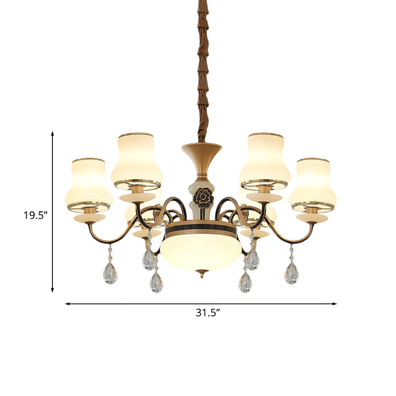 Traditional Cream Glass Brass Chandelier With Crystal Drop - Curved Arm 3/6 Bulbs