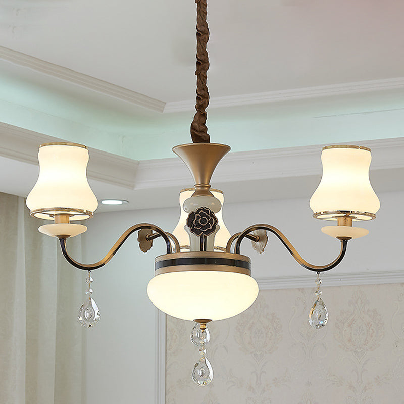 Traditional Cream Glass Brass Chandelier With Crystal Drop - Curved Arm 3/6 Bulbs