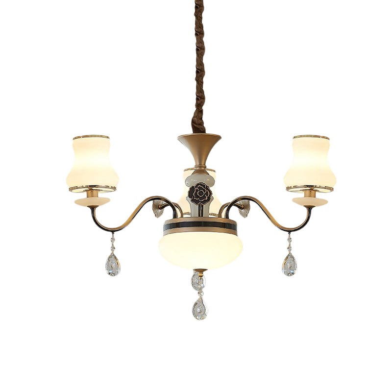 Traditional Cream Glass Brass Chandelier With Crystal Drop - Curved Arm 3/6 Bulbs