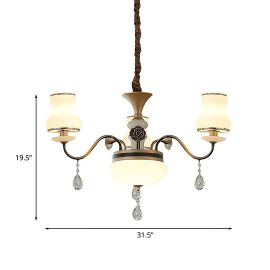 Traditional Cream Glass Brass Chandelier With Crystal Drop - Curved Arm 3/6 Bulbs