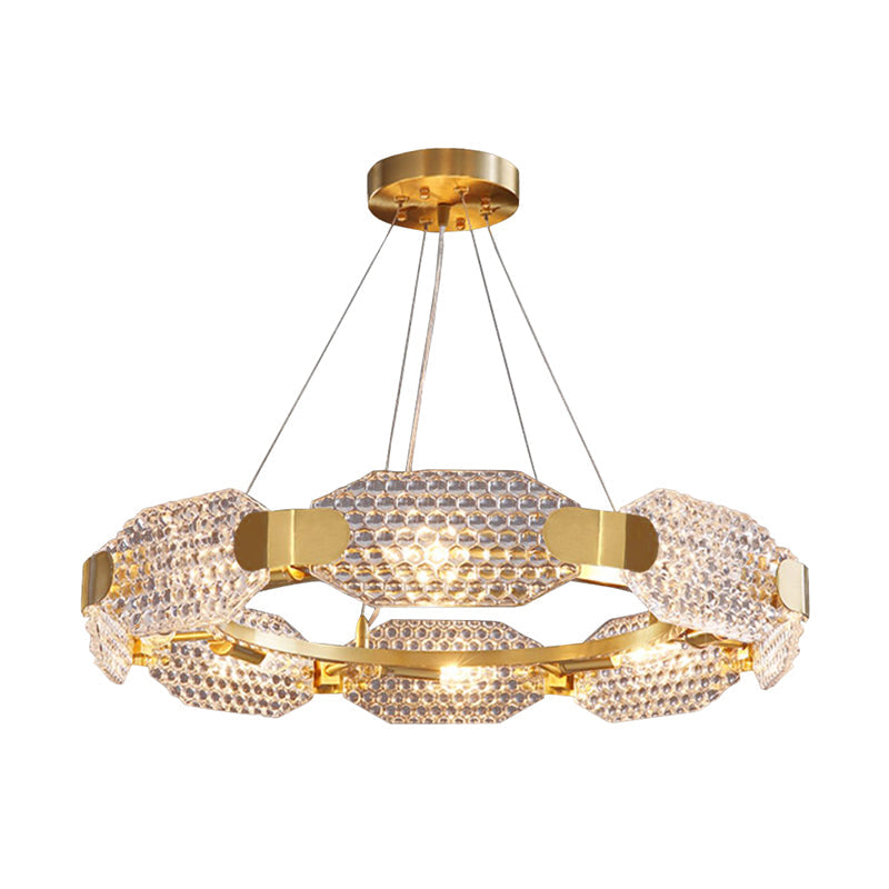 Gold Crystal Chandelier - Simple Style 6 Lights Bedroom Hanging Lamp Kit With Octangular Panel