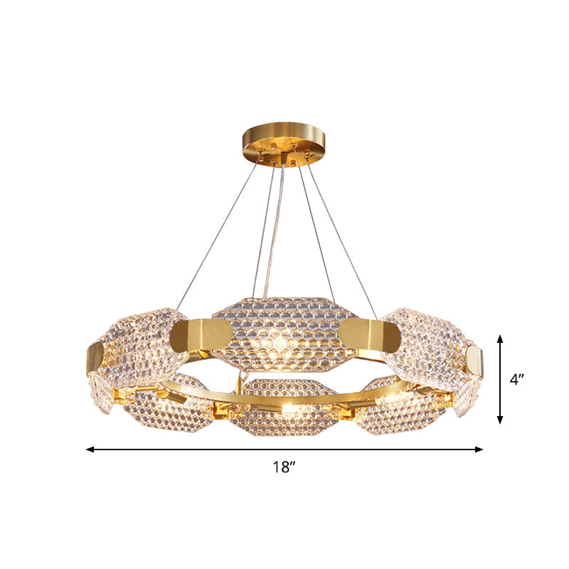 Gold Crystal Chandelier - Simple Style 6 Lights Bedroom Hanging Lamp Kit With Octangular Panel