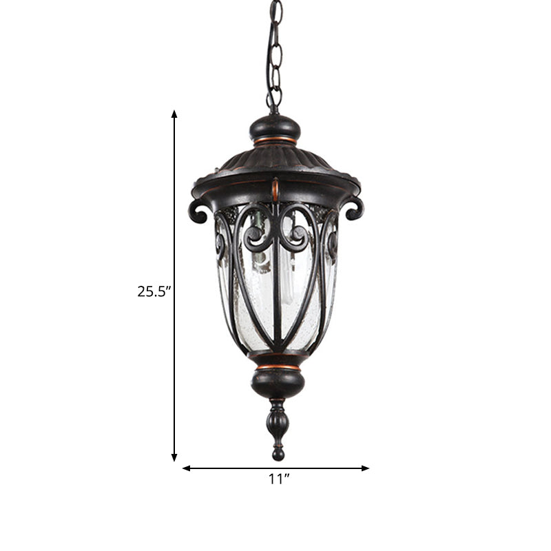 Traditional Black Finish Pendant Lamp With Clear Seeded Glass Shade