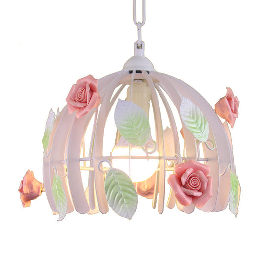 Rustic Metal Dome Pendant Light With Pink Hanging Lamp Kit - Floral Deco