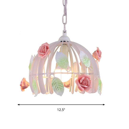 Rustic Metal Dome Pendant Light With Pink Hanging Lamp Kit - Floral Deco