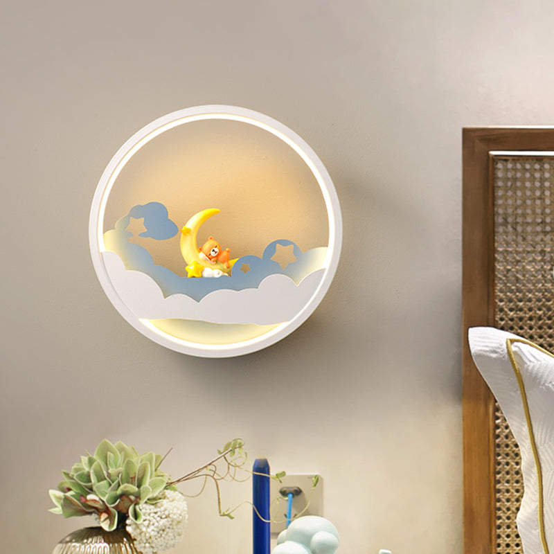 Contemporary Led Acrylic Ring Wall Sconce Lighting With Charming Girl/Bear/Little Monk Deco - White