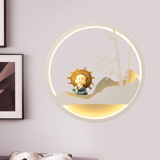 Contemporary Led Acrylic Ring Wall Sconce Lighting With Charming Girl/Bear/Little Monk Deco - White