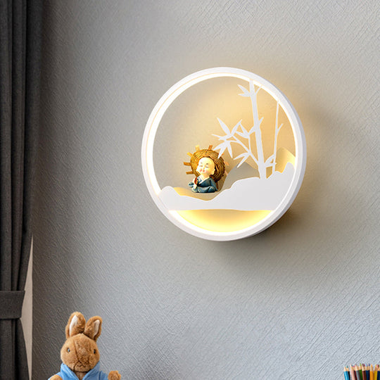 Contemporary Led Acrylic Ring Wall Sconce Lighting With Charming Girl/Bear/Little Monk Deco - White