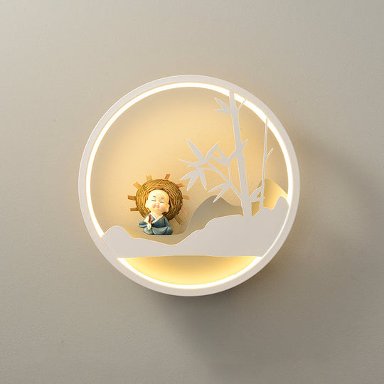 Contemporary Led Acrylic Ring Wall Sconce Lighting With Charming Girl/Bear/Little Monk Deco - White