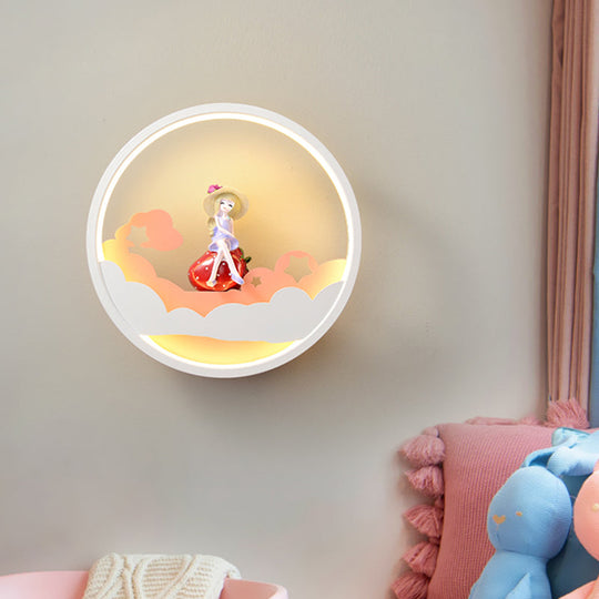 Contemporary Led Acrylic Ring Wall Sconce Lighting With Charming Girl/Bear/Little Monk Deco - White