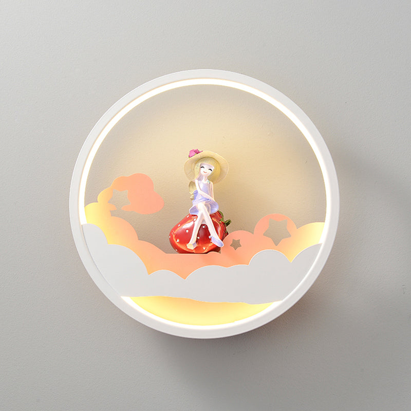 Contemporary Led Acrylic Ring Wall Sconce Lighting With Charming Girl/Bear/Little Monk Deco - White