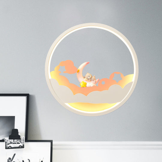 Contemporary Led Acrylic Ring Wall Sconce Lighting With Charming Girl/Bear/Little Monk Deco - White