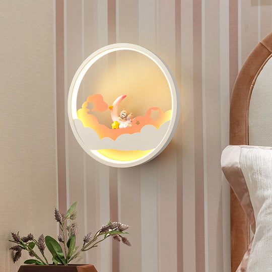 Contemporary Led Acrylic Ring Wall Sconce Lighting With Charming Girl/Bear/Little Monk Deco - White