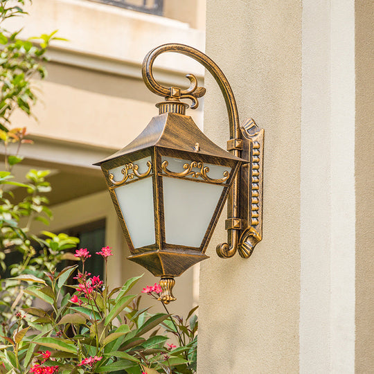 Ivory Glass Bronze Wall Lamp Lantern - Outdoor Countryside Sconce Light Fixture / A