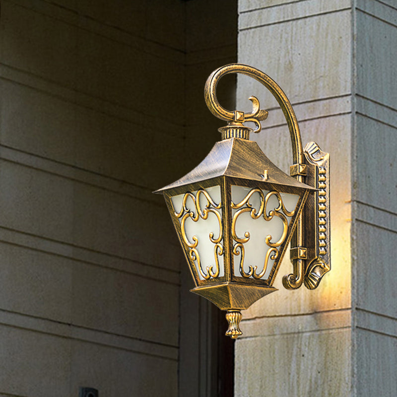 Ivory Glass Bronze Wall Lamp Lantern - Outdoor Countryside Sconce Light Fixture