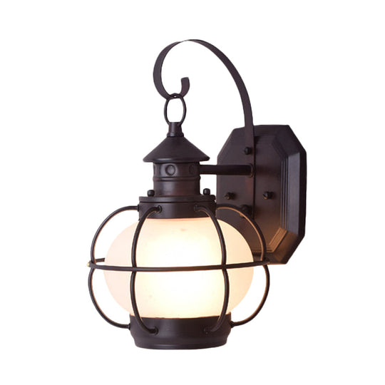 Retro Coffee/Bronze Lantern Wall Light With Wire Cage - Outdoor 1 Head Lighting In White/Clear Glass